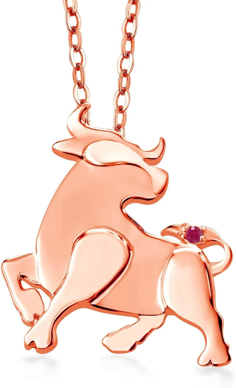 Gem Stone King 18K Rose Gold Plated Silver Red Ruby Chinese Zodiac New Year Ox Pendant Necklace For Women By Keren Hanan with 18 Inch Chain