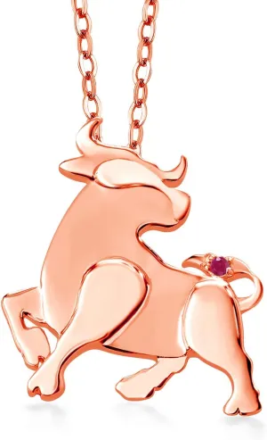 Gem Stone King 18K Rose Gold Plated Silver Red Ruby Chinese Zodiac New Year Ox Pendant Necklace For Women By Keren Hanan with 18 Inch Chain
