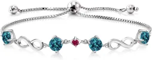 Gem Stone King 2.86 Ct Round London Blue Topaz Red Created Ruby 925 Sterling Silver Keren Hanan Women Adjustable Infinity Tennis Link Bracelet