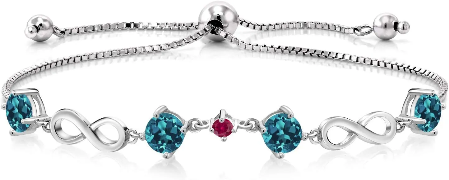 Gem Stone King 2.86 Ct Round London Blue Topaz Red Created Ruby 925 Sterling Silver Keren Hanan Women Adjustable Infinity Tennis Link Bracelet