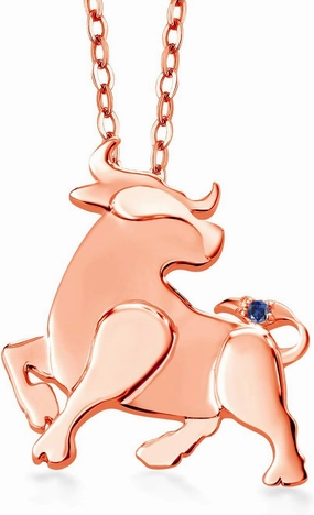 Gem Stone King 18K Rose Gold Plated Silver Blue Created Sapphire Chinese Zodiac New Year Ox Pendant Necklace For Women By Keren Hanan with 18 Inch Chain