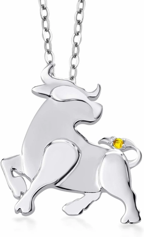 Gem Stone King 925 Sterling Silver Yellow Sapphire Chinese Zodiac New Year Ox Pendant Necklace For Women By Keren Hanan with 18 Inch Chain