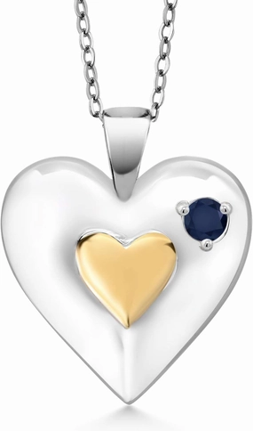 Gem Stone King Keren Hanan 0.13 Ct Round Blue Sapphire 18K Yellow Gold Plated Silver 2 Heart Love Treasure Pendant Necklace for Women With Chain