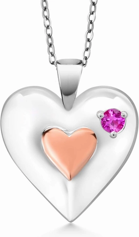 Gem Stone King Keren Hanan 0.13 Ct Round Pink Sapphire 18K Rose Gold Plated Silver 2 Heart Love Treasure Pendant Necklace for Women With Chain
