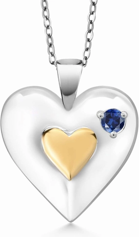 Gem Stone King Keren Hanan 0.14 Ct Blue Created Sapphire 18K Yellow Gold Plated Silver 2 Heart Love Treasure Pendant Necklace for Women With Chain