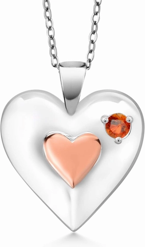 Gem Stone King Keren Hanan 0.16 Ct Round Orange Sapphire 18K Rose Gold Plated Silver 2 Heart Love Treasure Pendant Necklace for Women With Chain