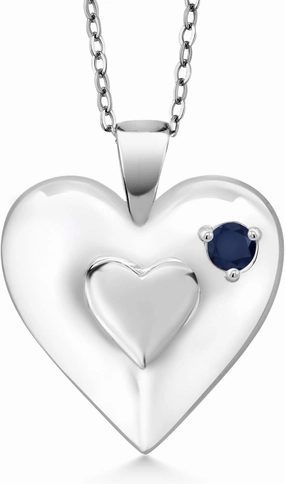 Gem Stone King Keren Hanan 0.17 Ct Round Blue Sapphire 925 Sterling Silver 2 Heart Love Treasure Pendant Necklace for Women With Chain