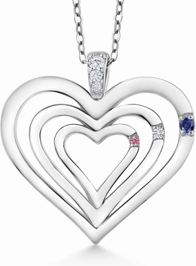 Gem Stone King Keren Hanan Blue Created Sapphire and Lab Grown Diamond 925 Sterling Silver 3 Heart Love Family Pendant Necklace For Women
