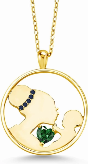 Gem Stone King Keren Hanan Mother 0.56 Ct Green Nano Emerald Blue Sapphire 18K Yellow Gold Plated Silver Pendant Necklace For Women with 18 Inch Silver Chain