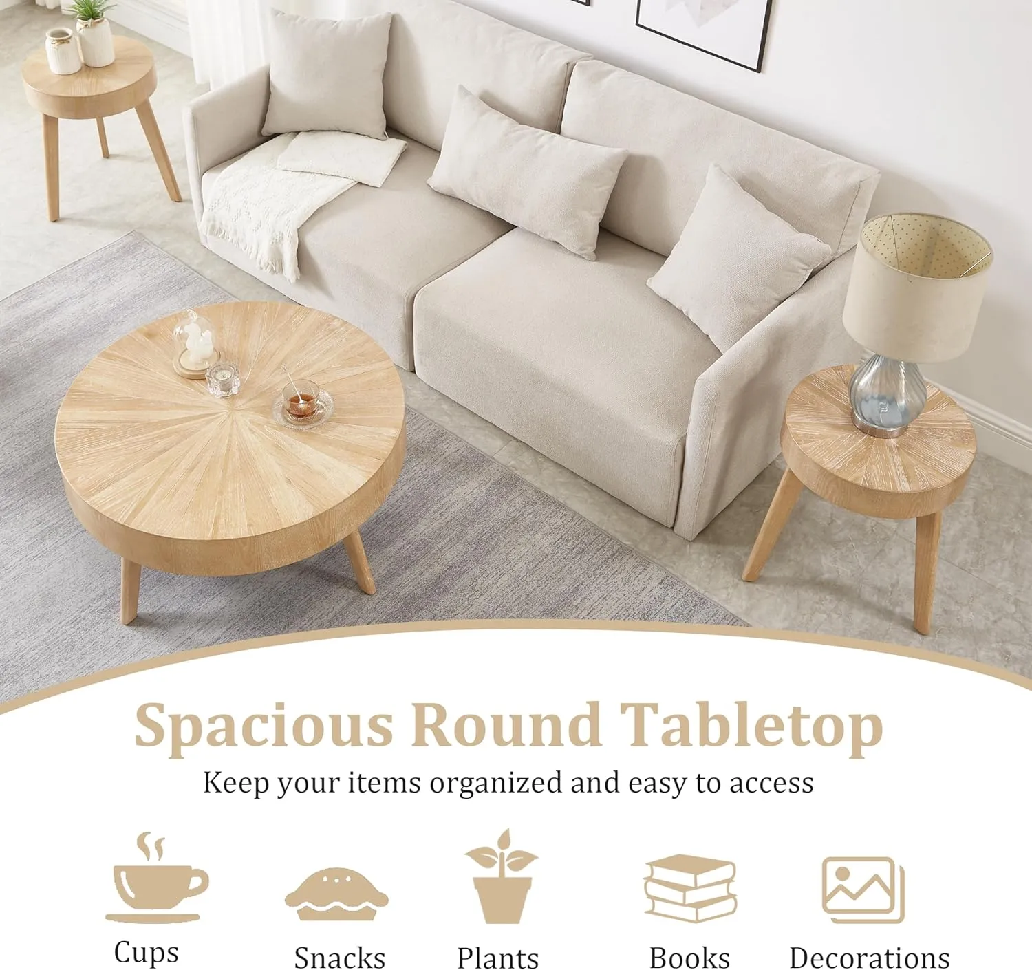 Gexpusm 2-Piece Solid Wood Coffee Table Set, Rustic Round Farmhouse End Tables for Living Room, 31x31x16 in, Light Brown