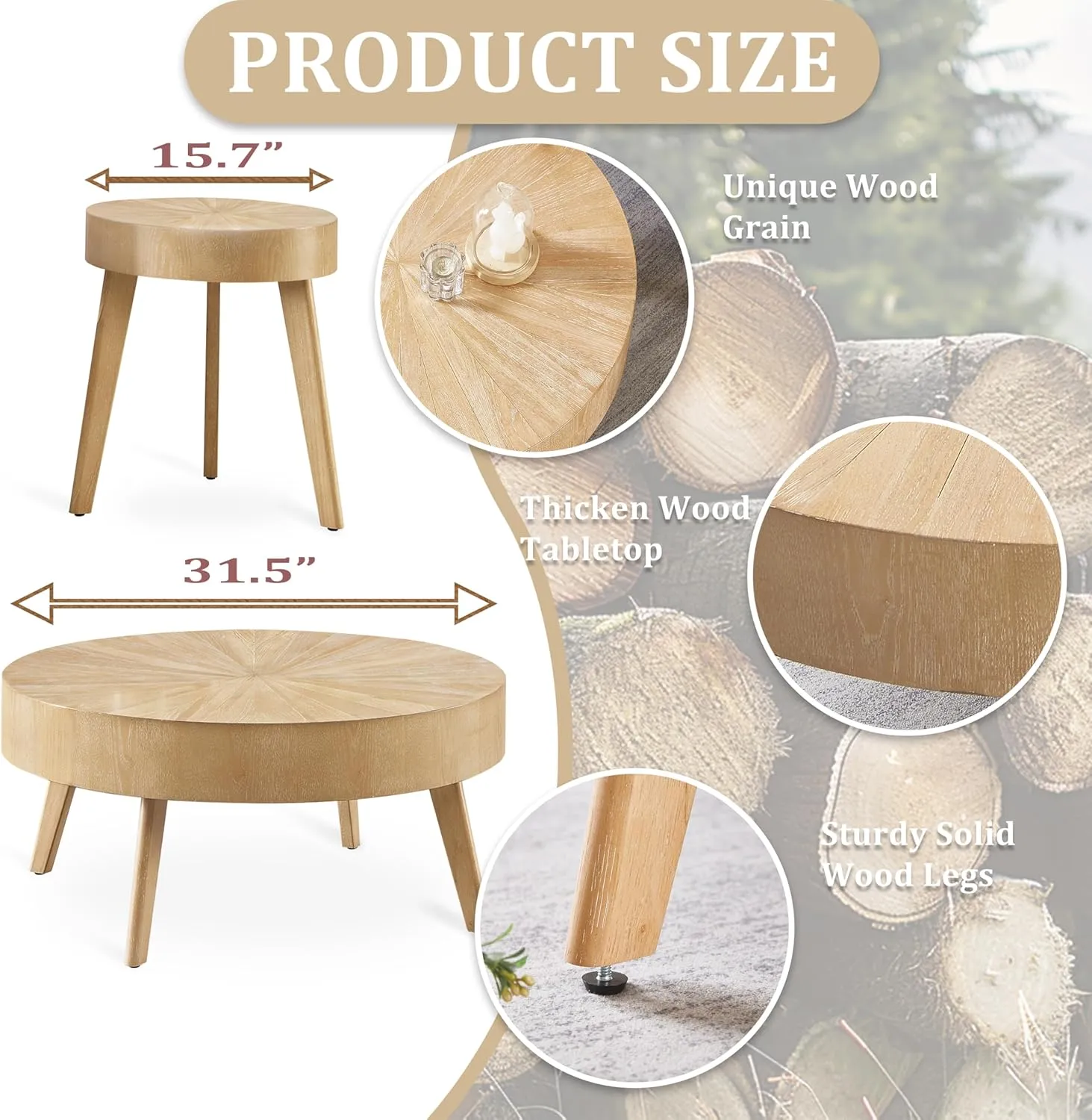 Gexpusm 2-Piece Solid Wood Coffee Table Set, Rustic Round Farmhouse End Tables for Living Room, 31x31x16 in, Light Brown