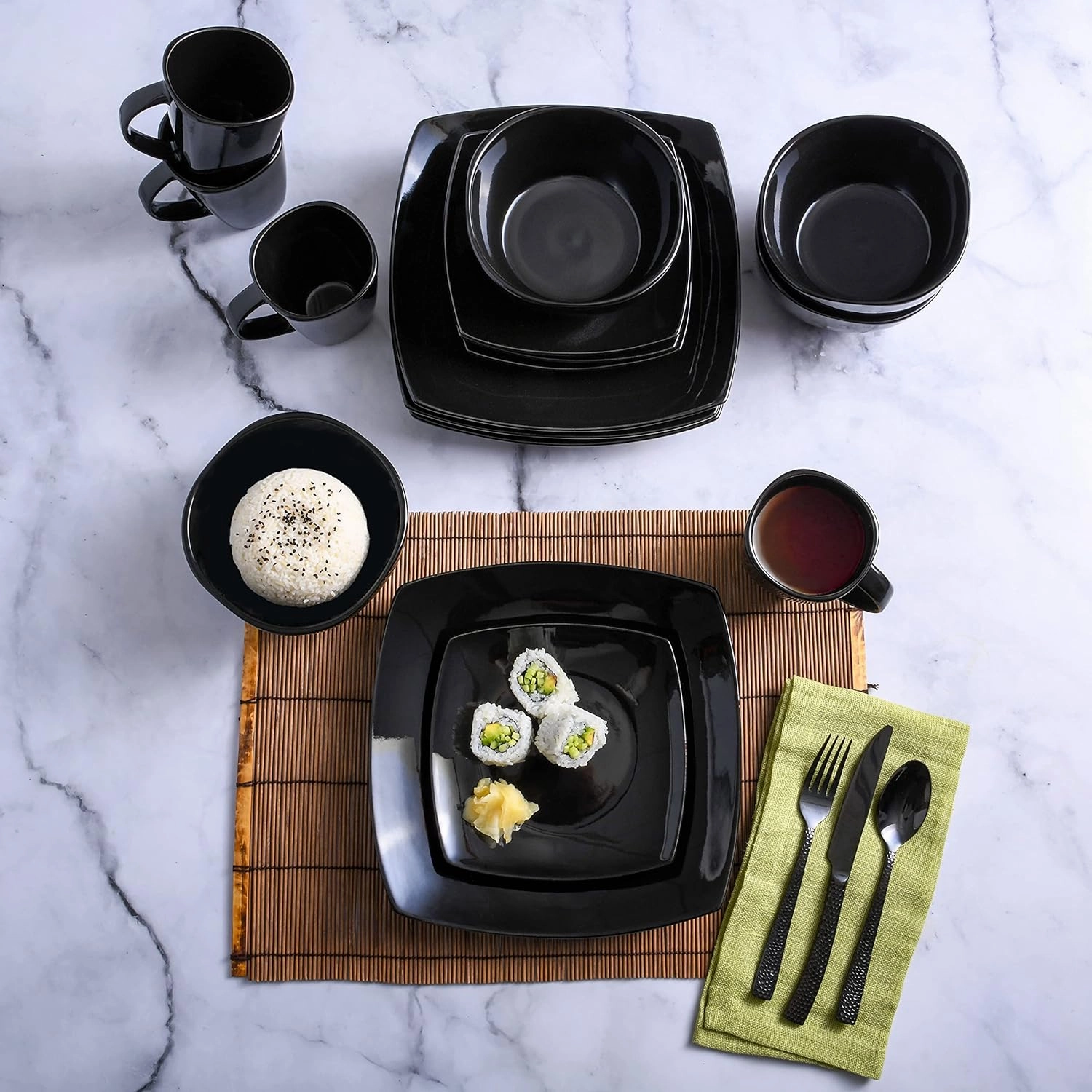 Gibson Soho Lounge Square Reactive Glaze Stoneware Dinnerware Set, Service for 4 (16pc), Black
