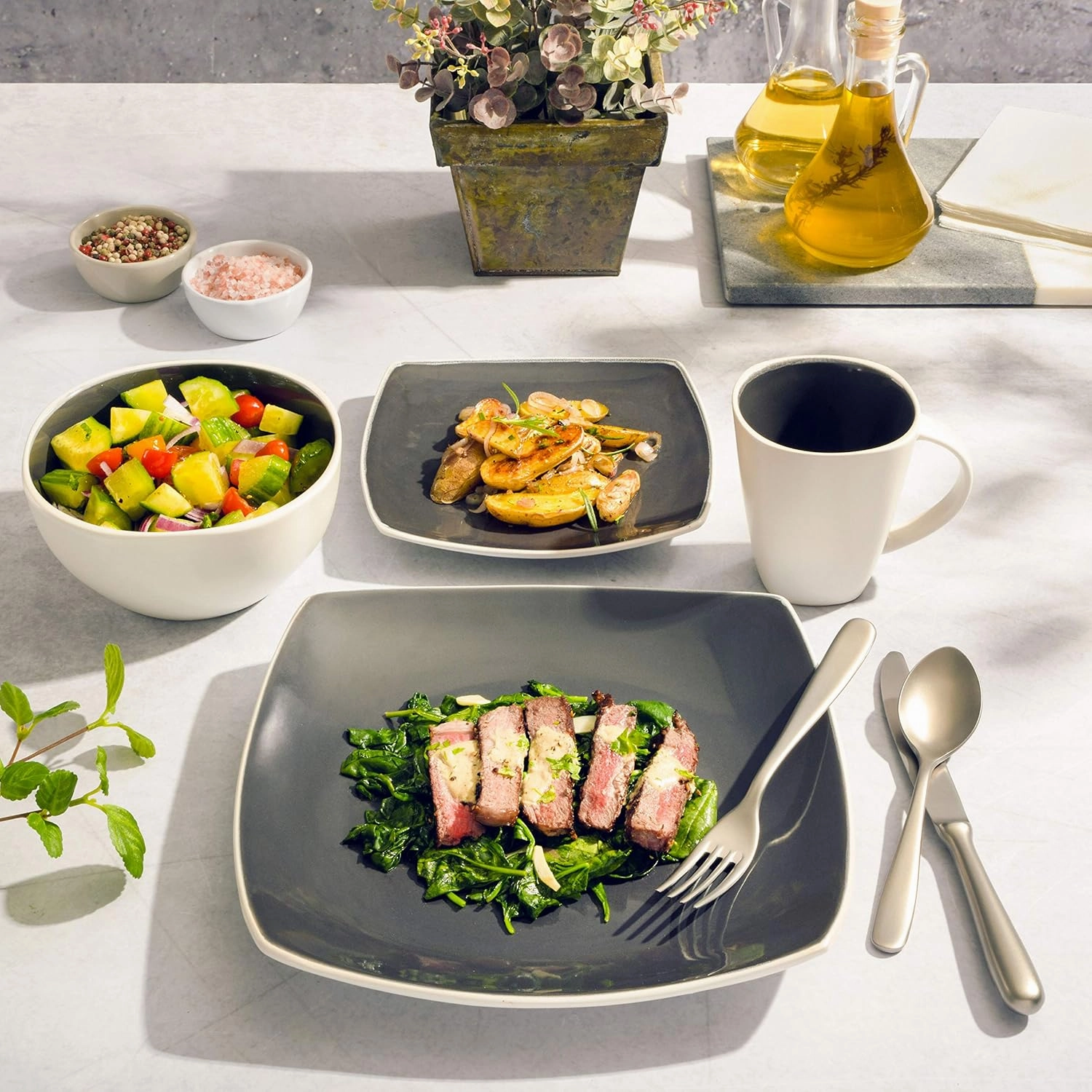 Gibson Soho Lounge Square Reactive Glaze Stoneware Dinnerware Set, Service for 4 (16pc), Grey/White