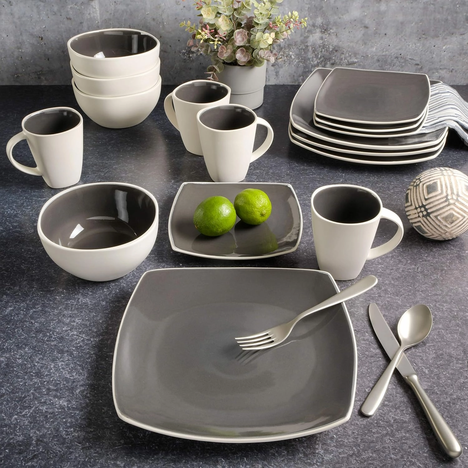 Gibson Soho Lounge Square Reactive Glaze Stoneware Dinnerware Set, Service for 4 (16pc), Grey/White