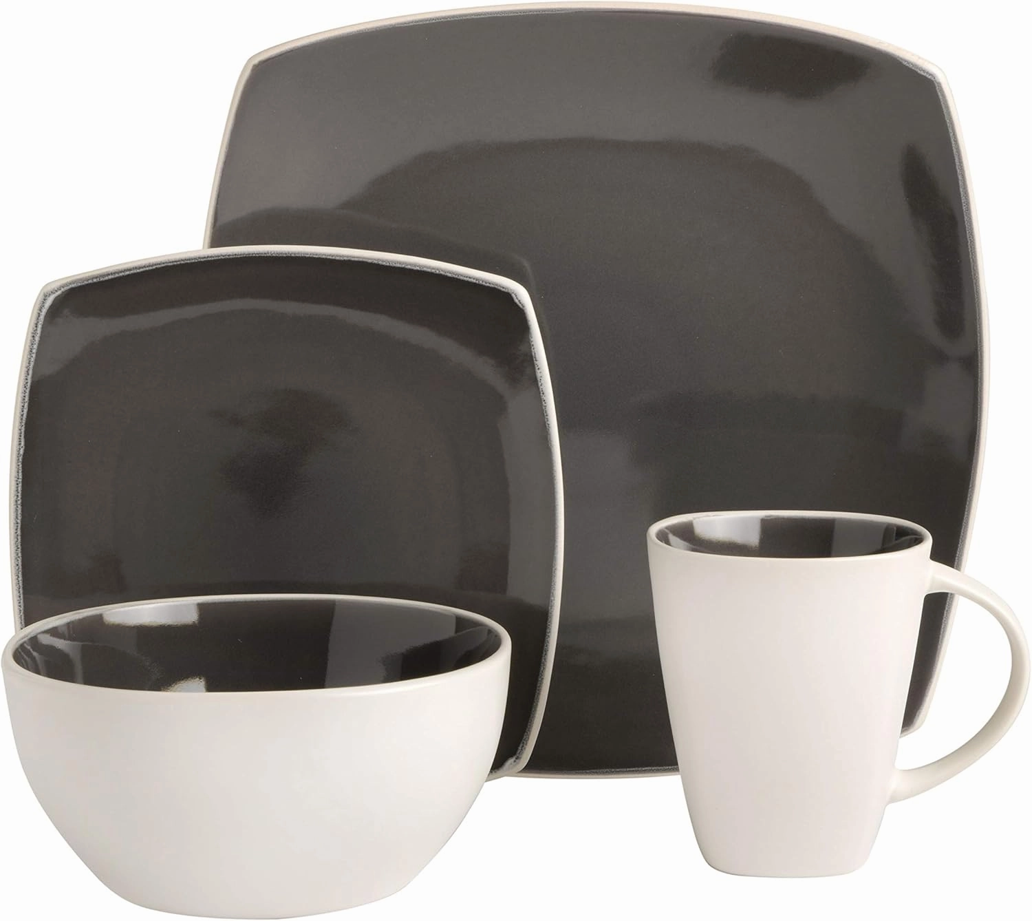 Gibson Soho Lounge Square Reactive Glaze Stoneware Dinnerware Set, Service for 4 (16pc), Grey/White