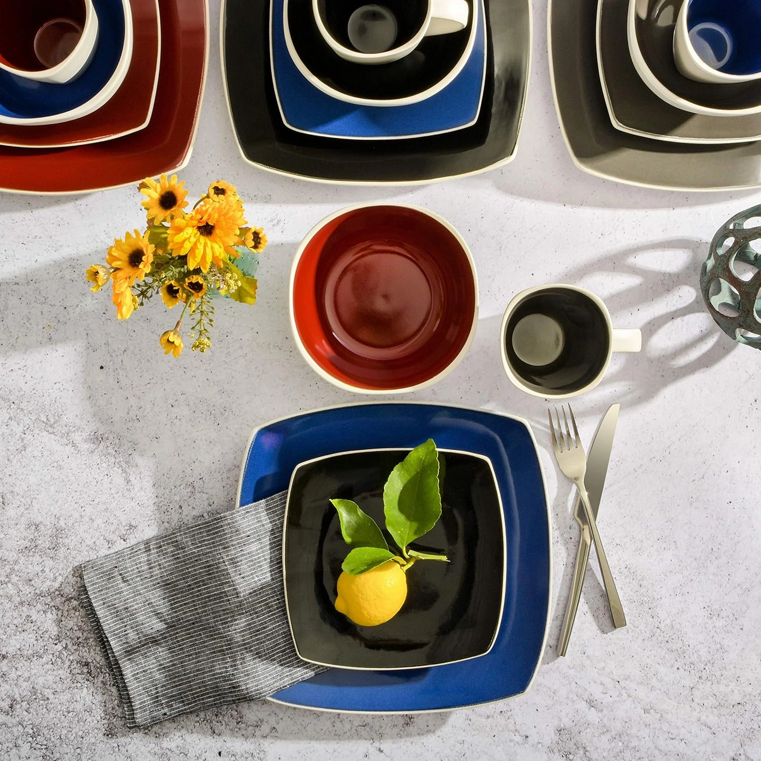 Gibson Soho Lounge Square Reactive Glaze Stoneware Dinnerware Set, Service for 4 (16pc), Grey/White