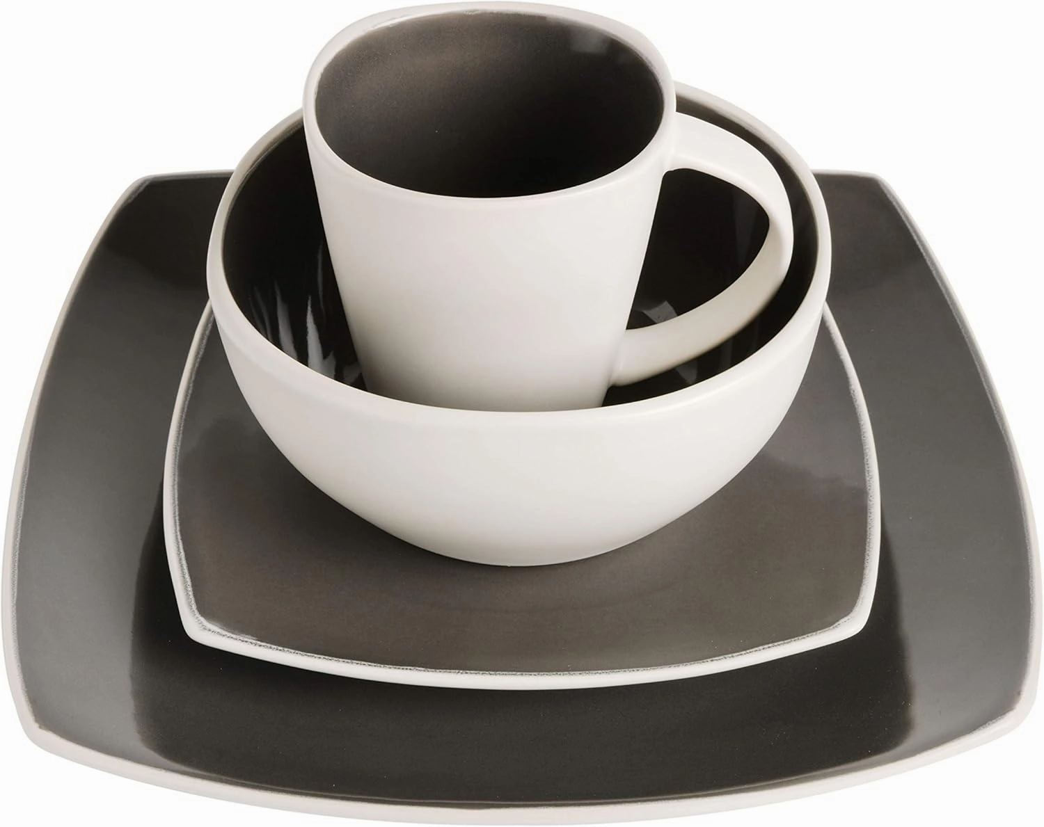 Gibson Soho Lounge Square Reactive Glaze Stoneware Dinnerware Set, Service for 4 (16pc), Grey/White