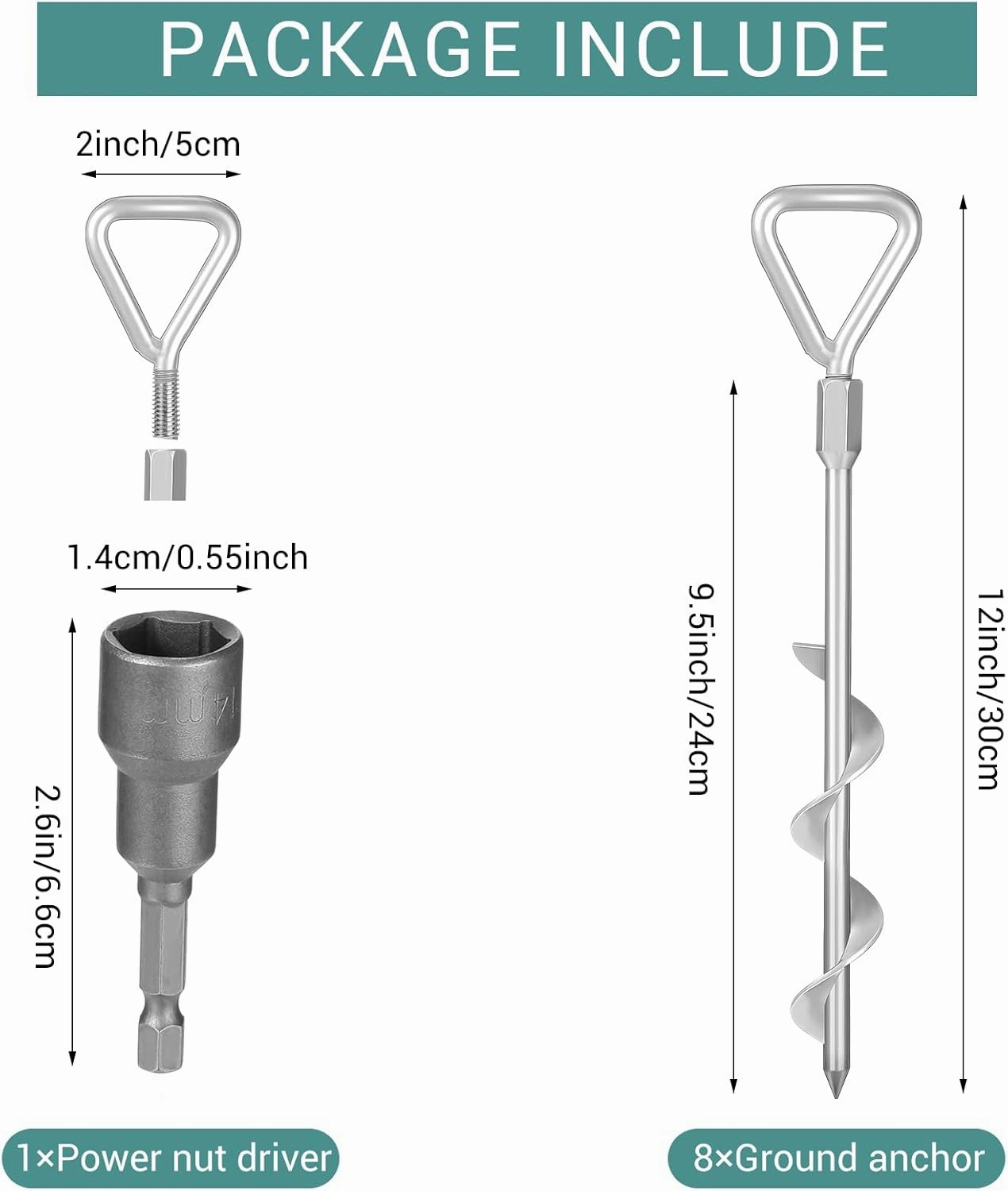 Gisafai 8 Pcs 12" Ground Stakes Heavy Duty Trampoline Stakes Ground Anchors Screw in Heavy Duty Tent Stakes with Drill Bit Metal Ground Anchors for Swing, Trampoline, Tents, Securing Animals (Silver)