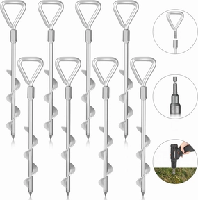 Gisafai 8 Pcs 12" Ground Stakes Heavy Duty Trampoline Stakes Ground Anchors Screw in Heavy Duty Tent Stakes with Drill Bit Metal Ground Anchors for Swing, Trampoline, Tents, Securing Animals (Silver)