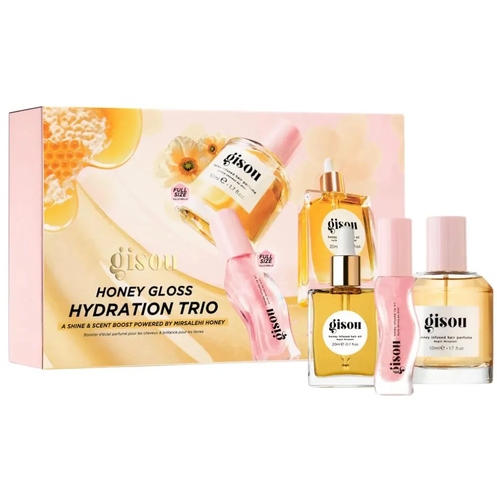 Gisou Honey Gloss Hydration Trio Holiday Gift Set – Hair Oil, Hair Perfume & Lip Oil for Glossy Hair & Hydrated Lips