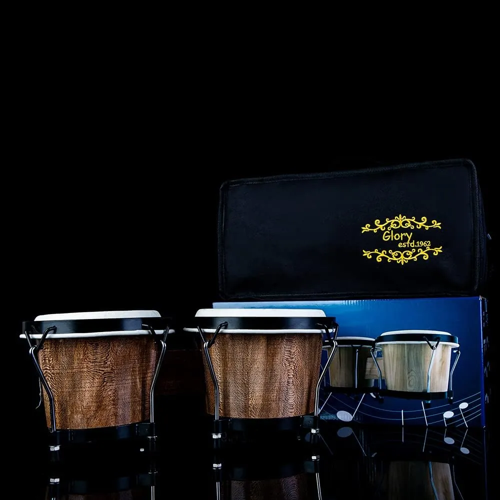 Glory Bongo Drums 6” and 7” Wood Percussion Instrument Bongos with bag and tuning Key,Dark Natural