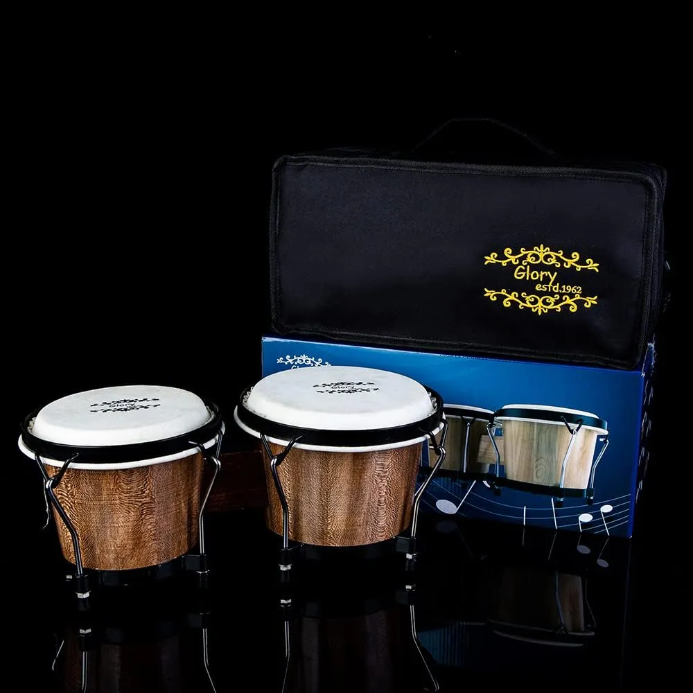 Glory Bongo Drums 6” and 7” Wood Percussion Instrument Bongos with bag and tuning Key,Dark Natural