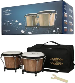 Glory Bongo Drums 6” and 7” Wood Percussion Instrument Bongos with bag and tuning Key,Dark Natural