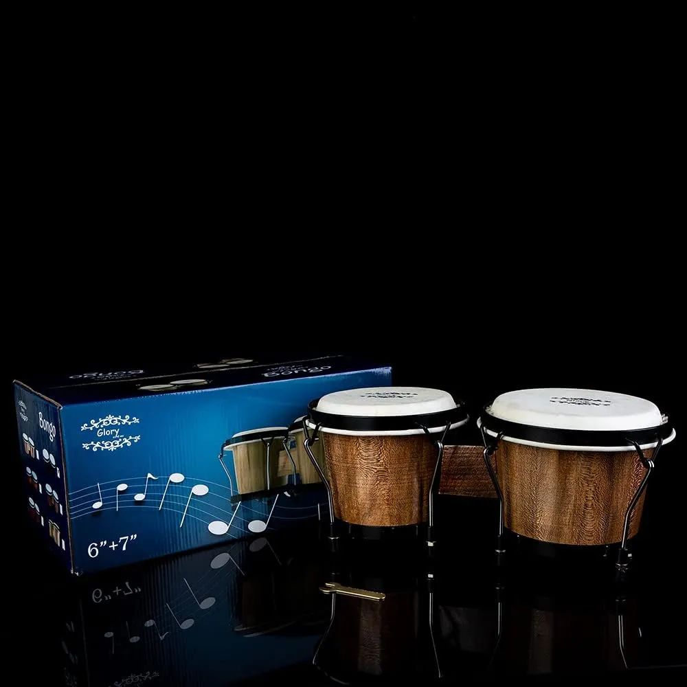 Glory Bongo Drums 6” and 7” Wood Percussion Instrument Bongos with bag and tuning Key,Dark Natural