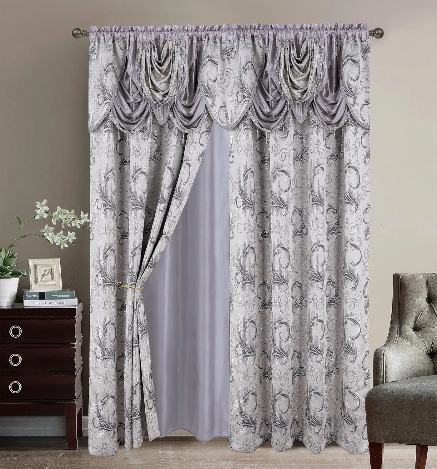 GLORY RUGS Jacquard Luxury 2 Curtain Panel Set with Attached Valance and Backing Bedroom Living Room Dining 54X84 inches Silver Gray