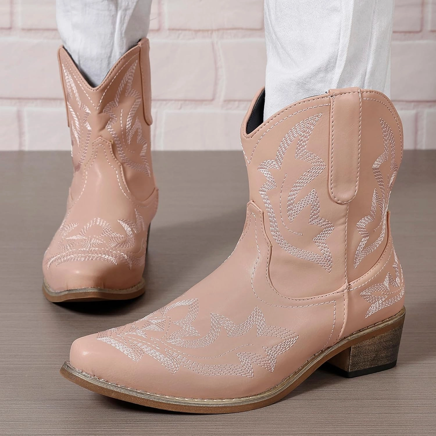 gloryinterest Cowboy Boots for Women Booties Ankle Cowgirl Western Boots Stitched Embroidered Pointed Toe Short Chunky Classic Brown Red Blue US6-10.5