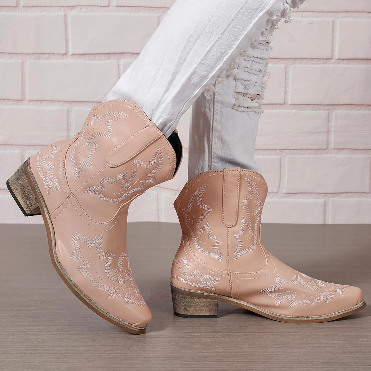 gloryinterest Cowboy Boots for Women Booties Ankle Cowgirl Western Boots Stitched Embroidered Pointed Toe Short Chunky Classic Brown Red Blue US6-10.5