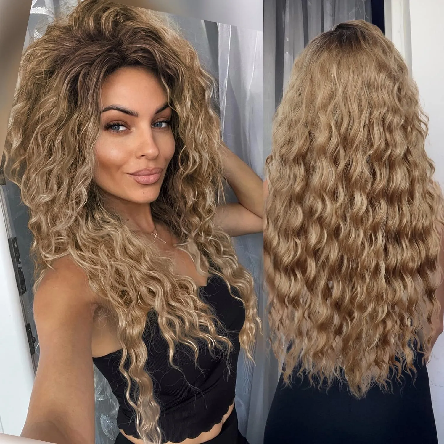 GNIMEGIL 26 Inch Long Brown Curly Wigs for Women Black Roots Ombre Brown Wave Curly Hair Layered Fluffy Daily 80s Costume Wig Cosplay Loose Hair Halloween Carnival Party Wig Synthetic