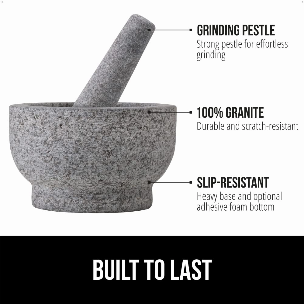 GORILLA GRIP Heavy Duty Mortar and Pestle Set with Slip Resistant Base, 100% Granite Stone Molcajete Guacamole Bowl, Grind Seeds Spices, Crush Garlic, Kitchen Muddler for Fresh Herbs, 1.5 Cup, Gray
