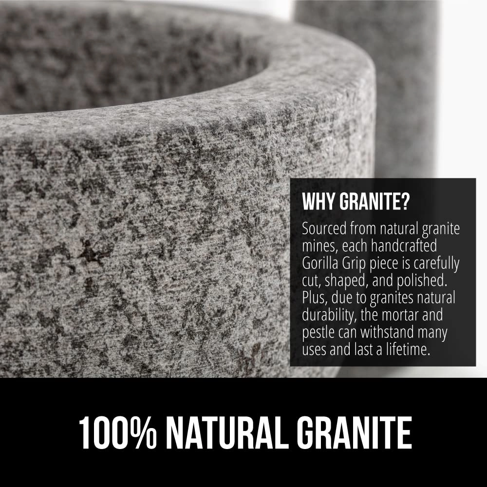 GORILLA GRIP Heavy Duty Mortar and Pestle Set with Slip Resistant Base, 100% Granite Stone Molcajete Guacamole Bowl, Grind Seeds Spices, Crush Garlic, Kitchen Muddler for Fresh Herbs, 1.5 Cup, Gray