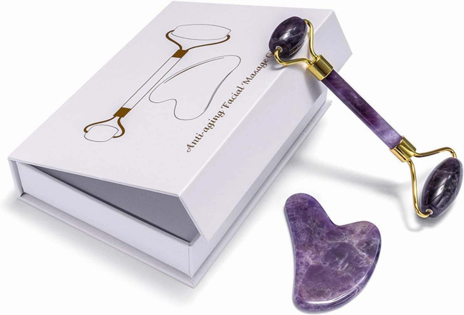 Gouache Roller and Facial Gua Sha Set Natural Amethyst Jade Stone Eye Massager,Type 3