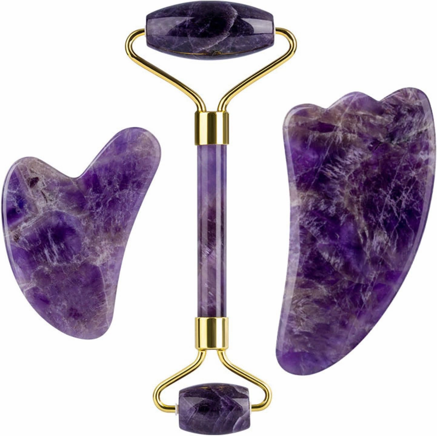 Gouache Roller and Facial Gua Sha Set Natural Amethyst Jade Stone Eye Massager,Type 3