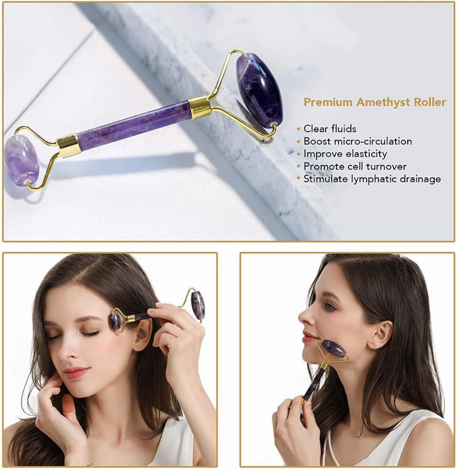 Gouache Roller and Facial Gua Sha Set Natural Amethyst Jade Stone Eye Massager,Type 3