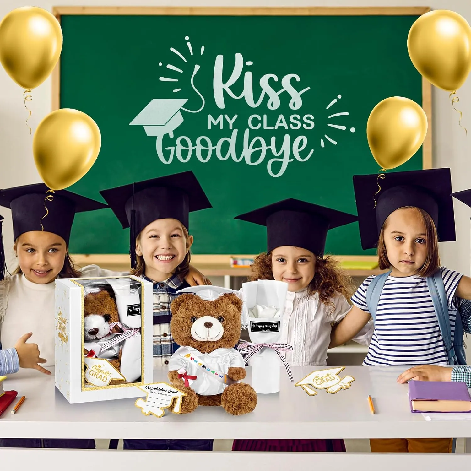 Graduation Bear Gifts Set Include Stuffed Animal Bear with Gown Cap Tassel Class of 2025 Grad Card Soap Artificial Flower Box with Window Graduation Gift for Him Her(White)