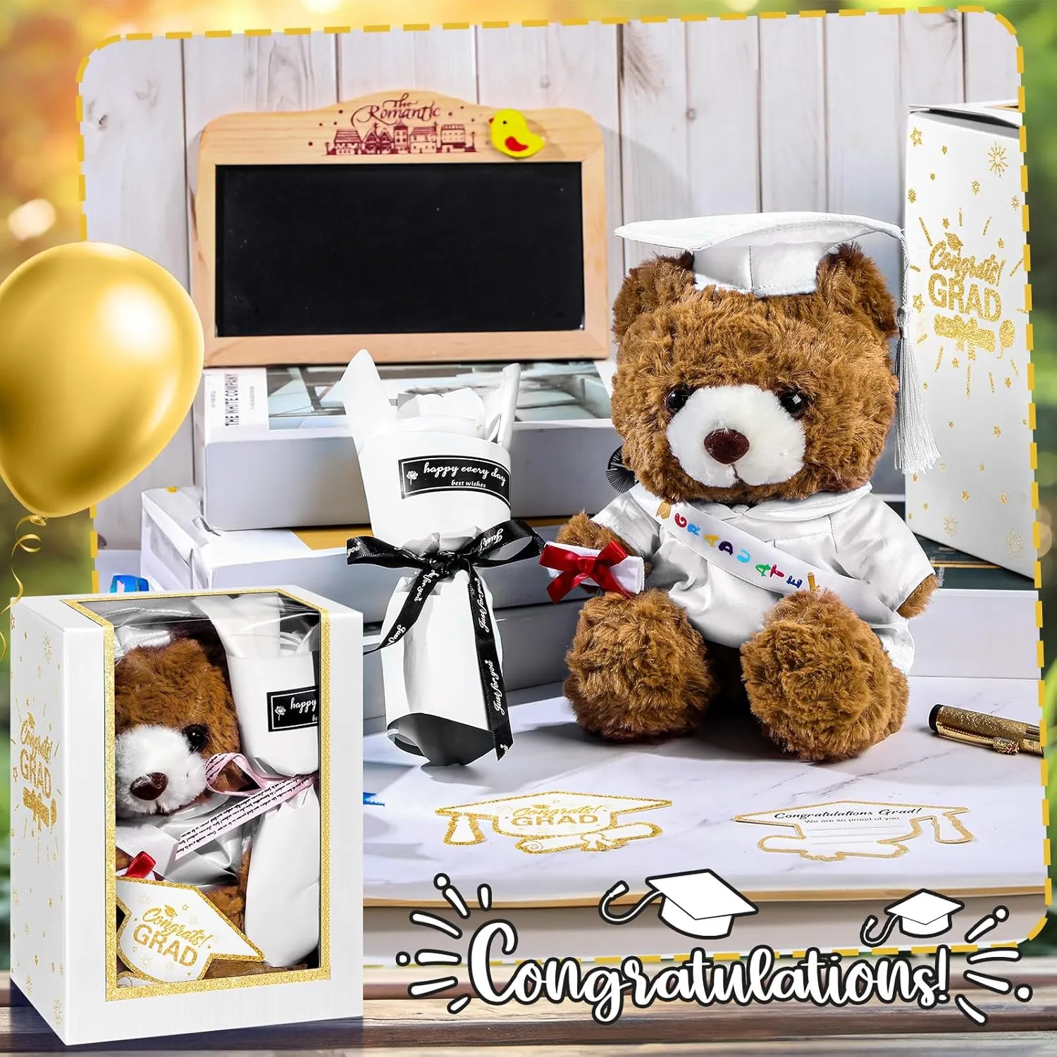 Graduation Bear Gifts Set Include Stuffed Animal Bear with Gown Cap Tassel Class of 2025 Grad Card Soap Artificial Flower Box with Window Graduation Gift for Him Her(White)