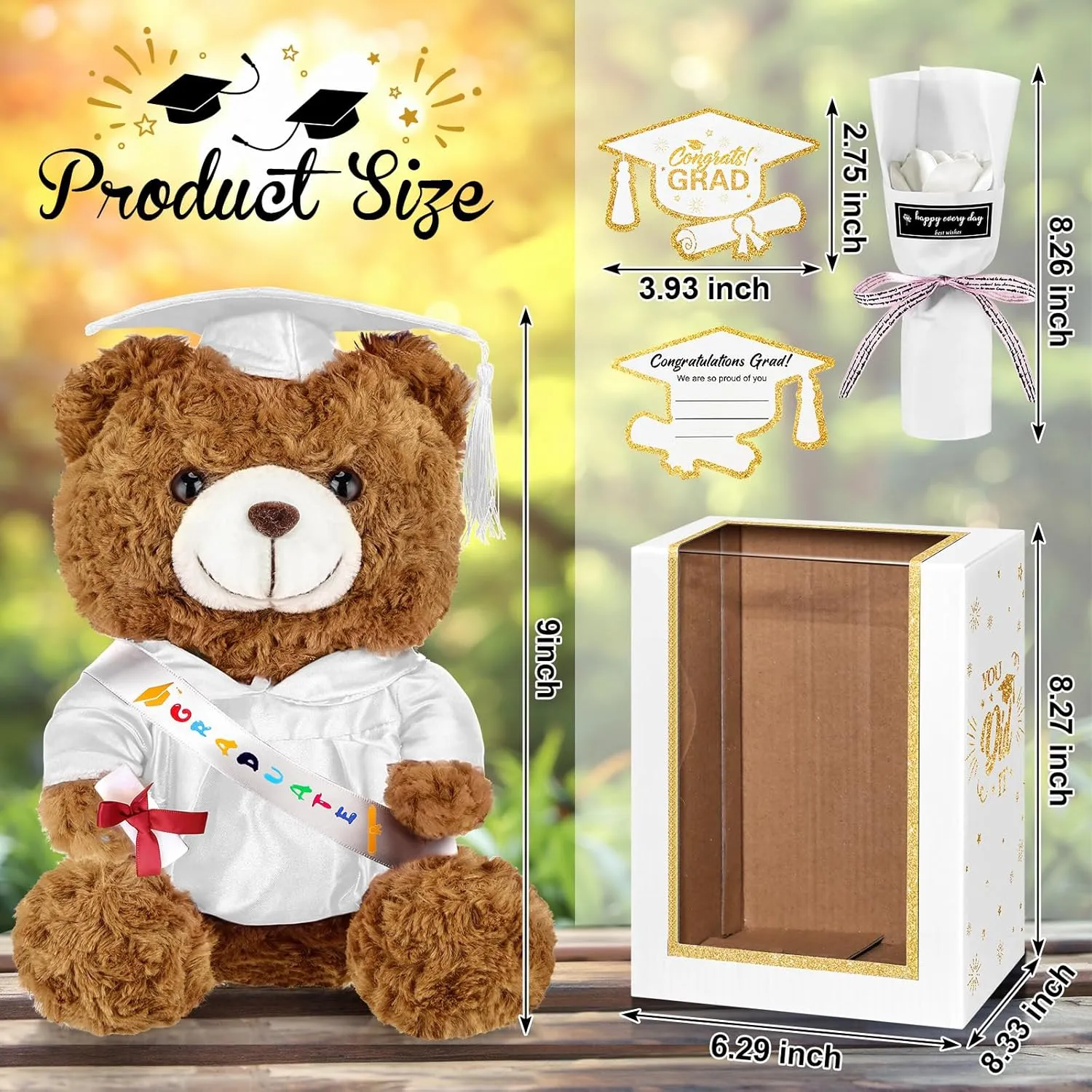 Graduation Bear Gifts Set Include Stuffed Animal Bear with Gown Cap Tassel Class of 2025 Grad Card Soap Artificial Flower Box with Window Graduation Gift for Him Her(White)