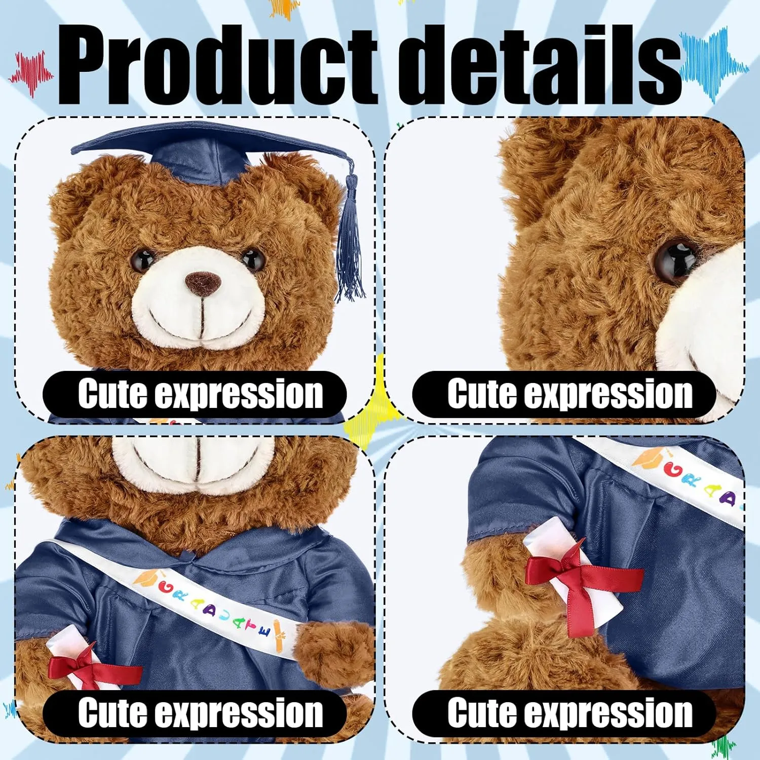 Graduation Bears 2025 Plush Stuffed Animal Bear with Gown Cap Tassel Set Cute Brown Graduate Gifts Stuffed Animal Doll Plush Toy for Graduation Party Supplies(11.8 Inch,Navy Blue)