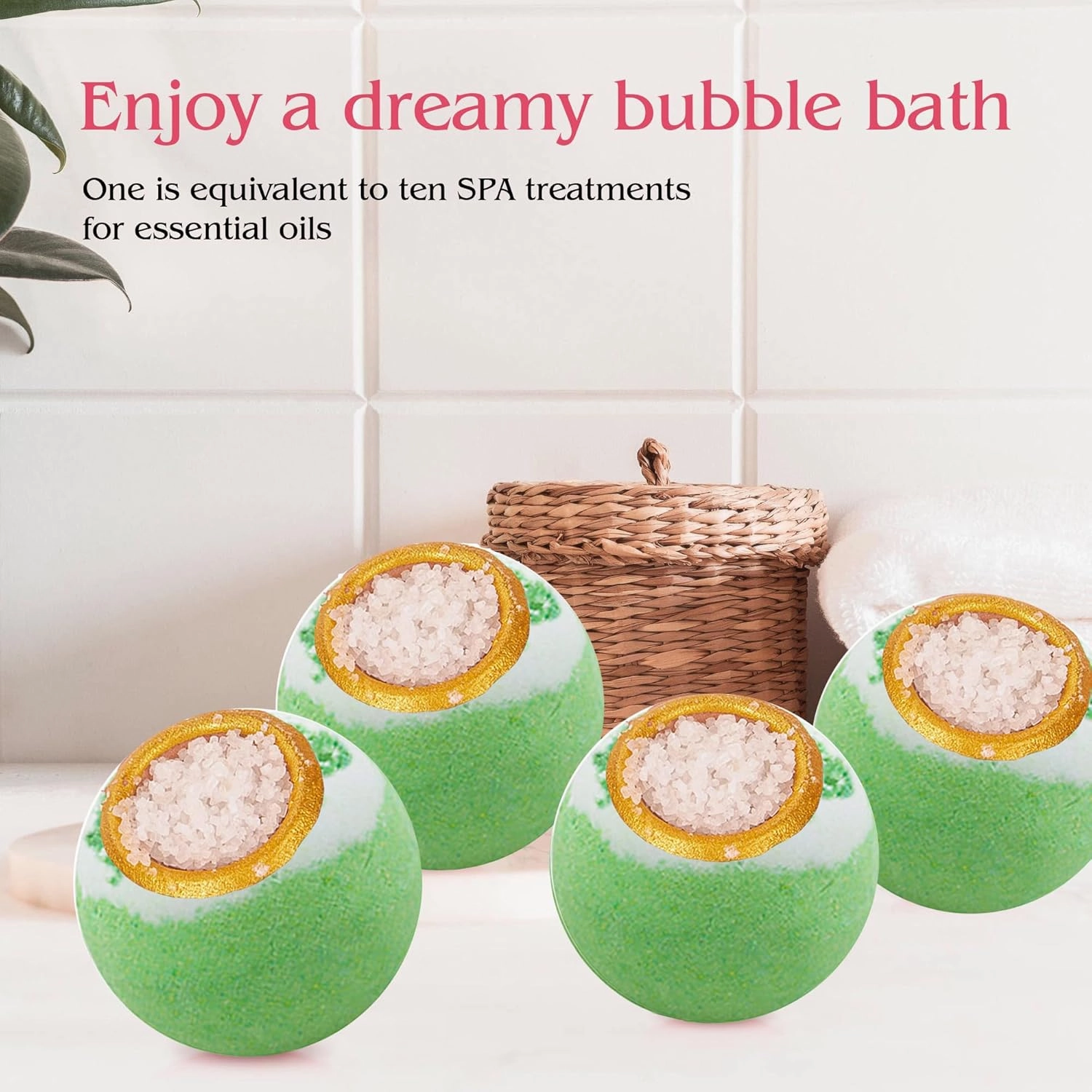 Green Tea Coarse Salt Bath Bombs Balls,4 Pack Gift Set,Moisturizing Dry Skin,Fizzy Spa,Relaxation,Self Care,Relaxing,Bubble Bath Bomb Idea for Men Women