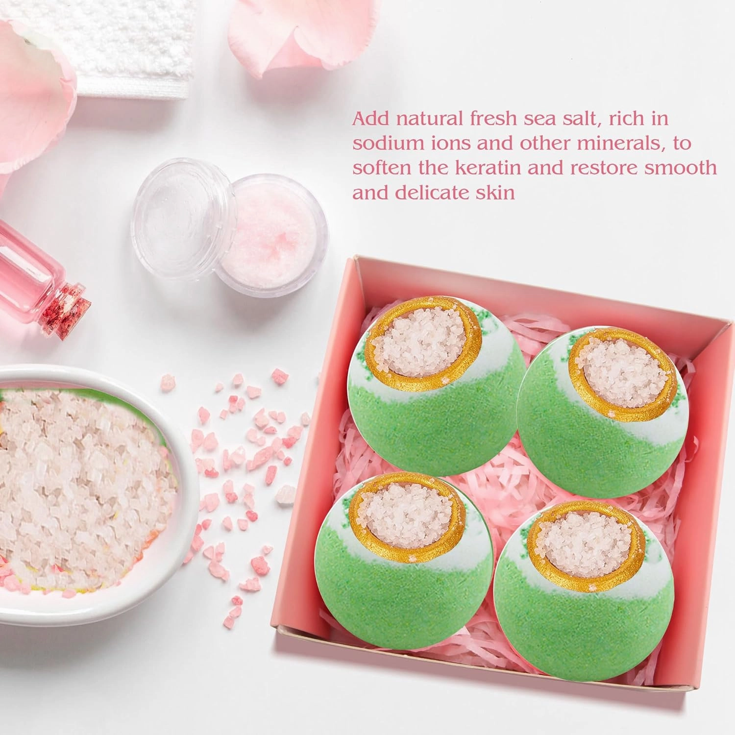 Green Tea Coarse Salt Bath Bombs Balls,4 Pack Gift Set,Moisturizing Dry Skin,Fizzy Spa,Relaxation,Self Care,Relaxing,Bubble Bath Bomb Idea for Men Women