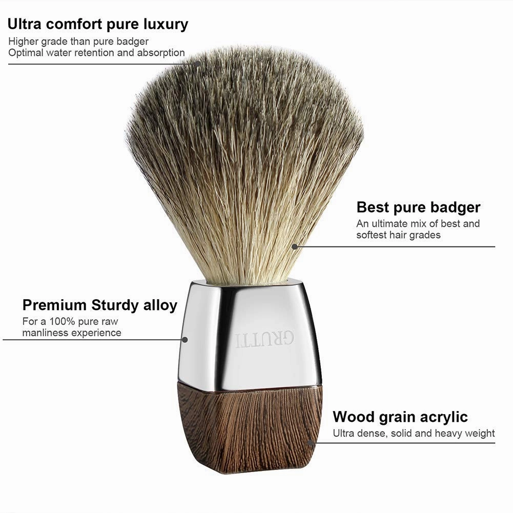 GRUTTI Premium Shaving Brush Set with Luxury Badger Brush, Soap Bowl and Manual Mens Razor, Shave Stand Holder Compatible with Fusion 5, Best Gift for Men- Wooden Handle