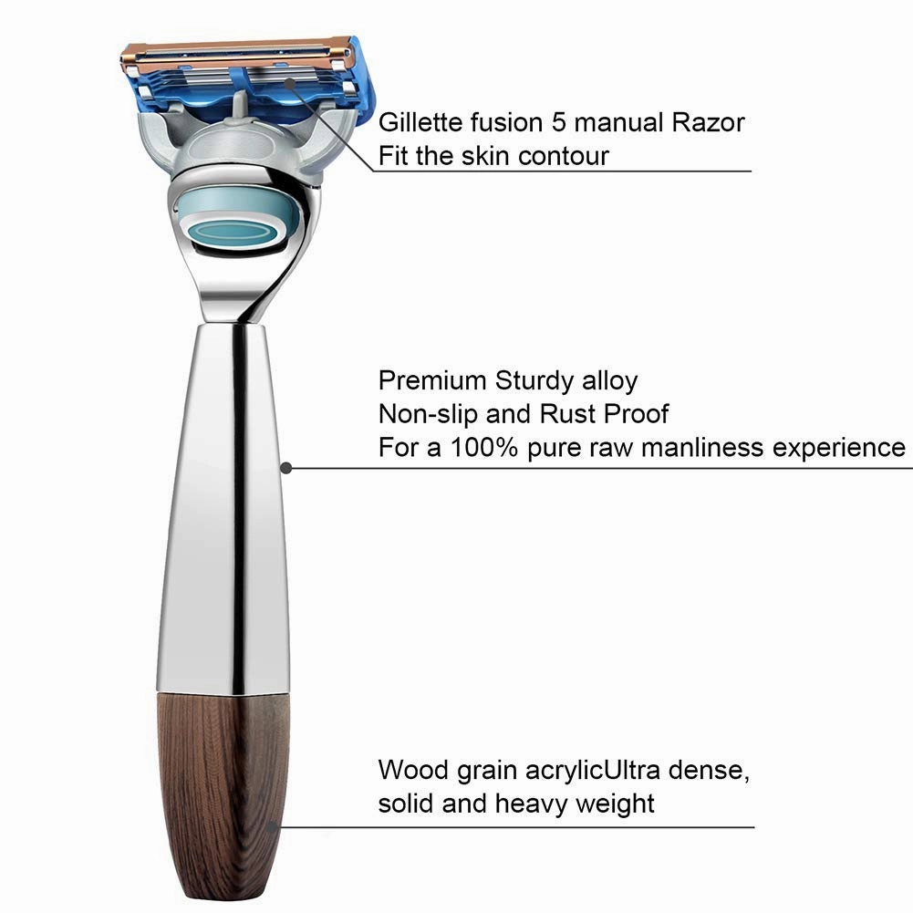 GRUTTI Premium Shaving Brush Set with Luxury Badger Brush, Soap Bowl and Manual Mens Razor, Shave Stand Holder Compatible with Fusion 5, Best Gift for Men- Wooden Handle