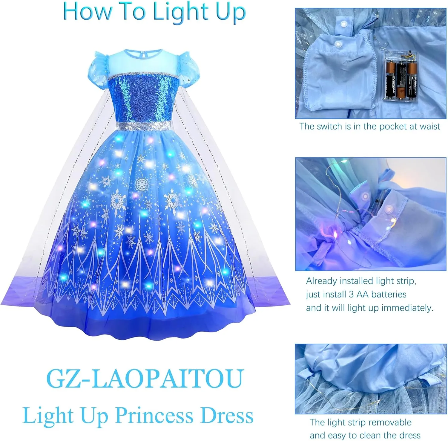 GZ-LAOPAITOU Light Up Princess Dresses for Girls Princess Dress Up Halloween Party Princess Costume with Long Cape