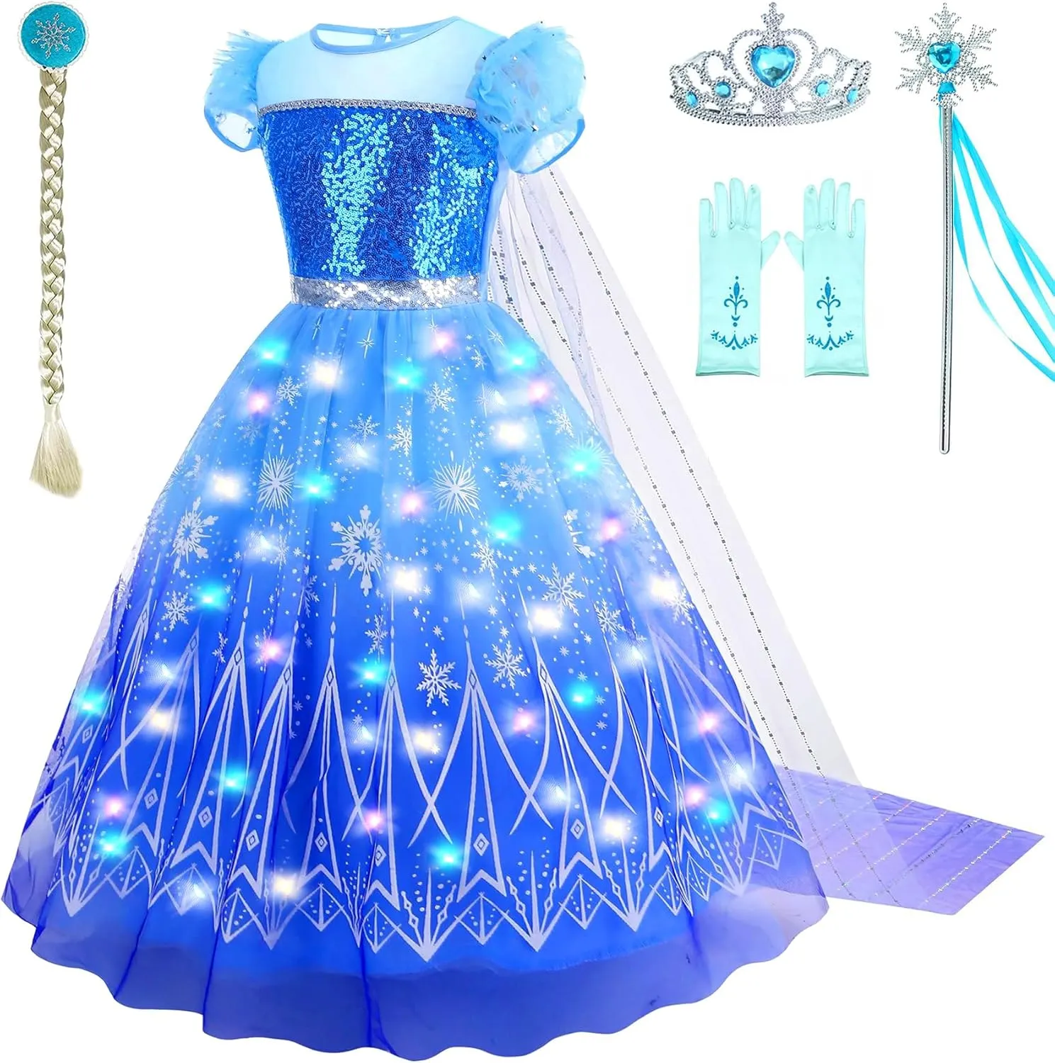 GZ-LAOPAITOU Light Up Princess Dresses for Girls Princess Dress Up Halloween Party Princess Costume with Long Cape