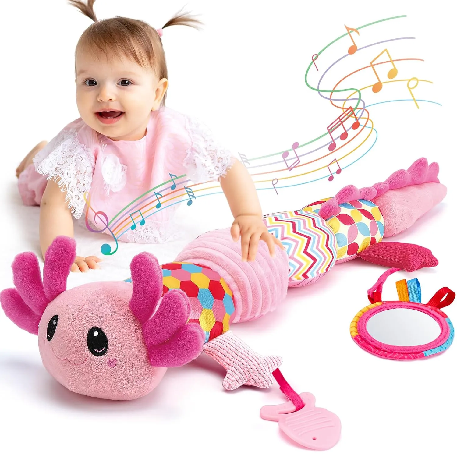 hahaland Tummy Time Toys for Babies 0-6 Months - Musical Axolotl Plush with Rattle, Teether, Mirror, Squeaky, Crinkle - Infant Toys 0-12 Months Baby Gifts