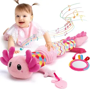 hahaland Tummy Time Toys for Babies 0-6 Months - Musical Axolotl Plush with Rattle, Teether, Mirror, Squeaky, Crinkle - Infant Toys 0-12 Months Baby Gifts