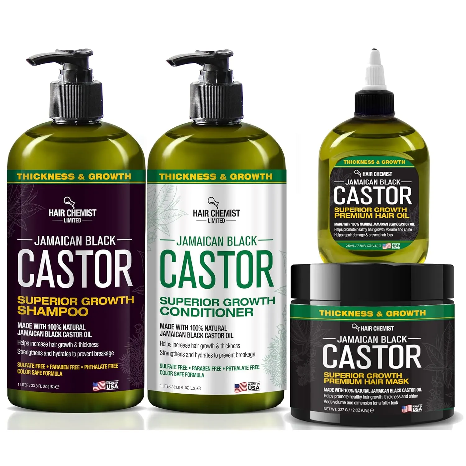 Hair Chemist Superior Growth Jamaican Black Castor Shampoo Hair Care Collection 4PC SET - Includes 33.8oz Shampoo, 33.8oz Conditioner, 12oz Hair Mask & 7oz Hair Oil